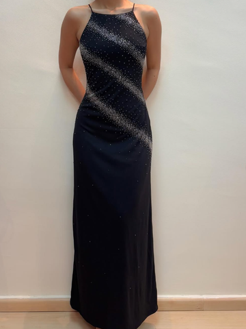 Vintage Sheath Spaghetti Strap Beaded Black Chiffon Prom Dress Evening Dress HZ1023